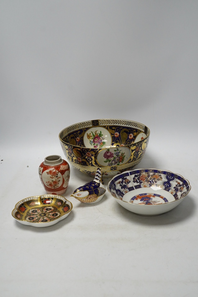 A small Japanese Kutani jar, a Chinese bowl, two pieces of Royal Crown Derby and a Victorian bowl, 10cm tall. Condition - fair to good, Kutani jar has hairline star crack to base